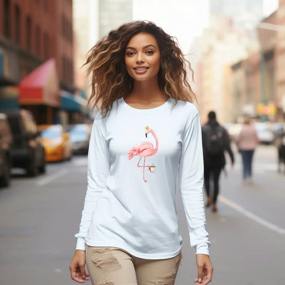 Queen Flamingo With Coffee Shirt Cute Animal Ladies Long Sleeve Shirt Gift For Coffee Lovers