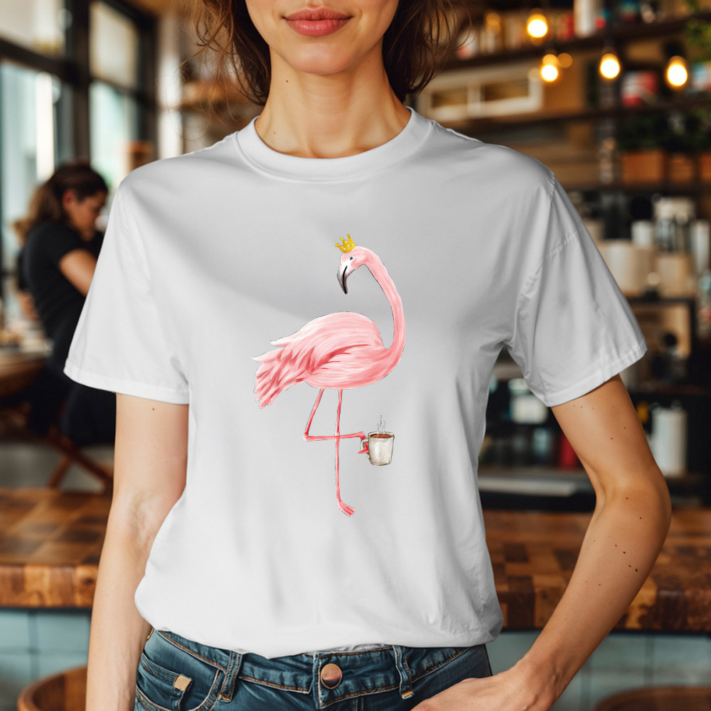 Queen Flamingo With Coffee Shirt Cute Animal Ladies T-Shirt Gift For Coffee Lovers